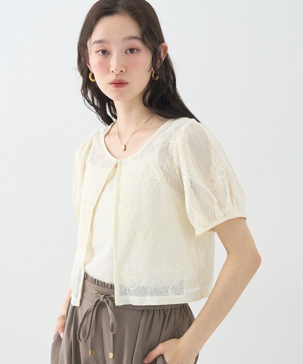 earth music&ecology フラワーコード刺繍カーディガン Ivory