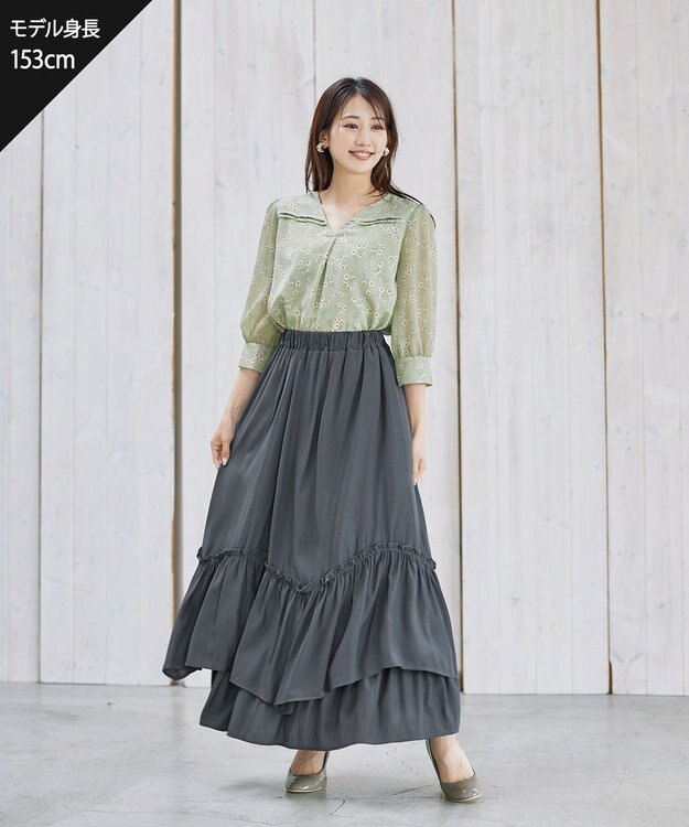 Tiaclasse L 【洗える】花柄Vネックブラウス グリーン