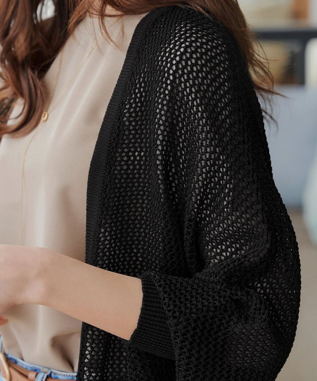 Tiaclasse L 【洗える】メッシュ編みニットドルマンカーディガン ブラック