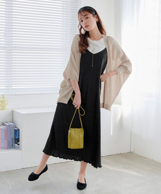 Tiaclasse L 【洗える】メッシュ編みニットドルマンカーディガン ライトベージュ