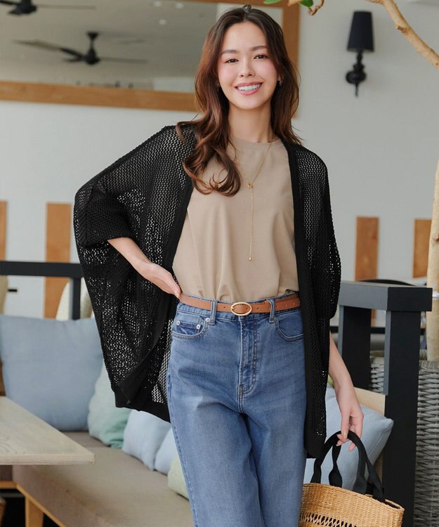 Tiaclasse L 【洗える】メッシュ編みニットドルマンカーディガン ブラック