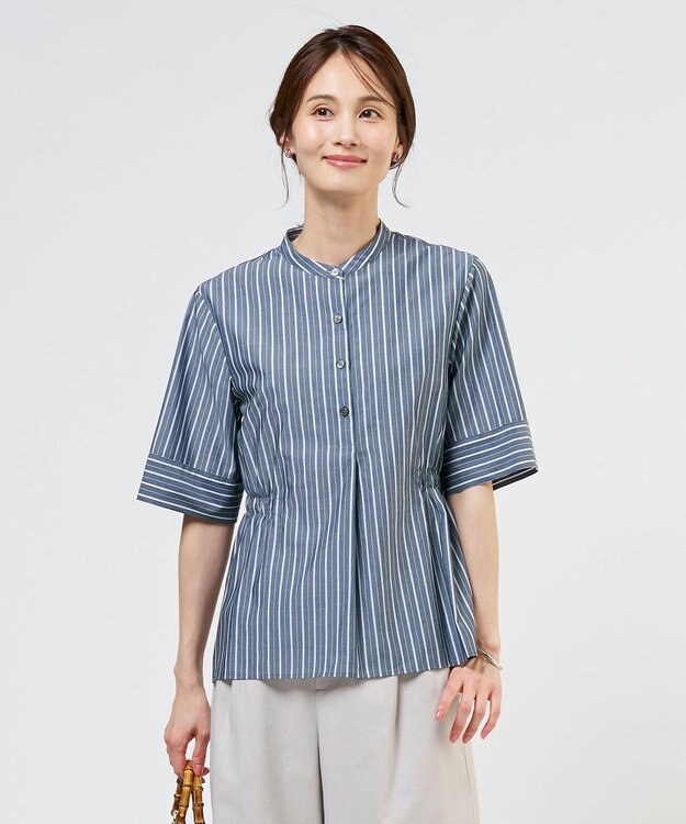 J.PRESS LADIES 【シーンレスに活躍】セルロースカラミストライプ バンドカラー ブラウス ネイビー系