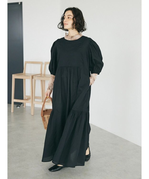 CRAFT STANDARD BOUTIQUE インド綿パフスリーブギャザーワンピース Black