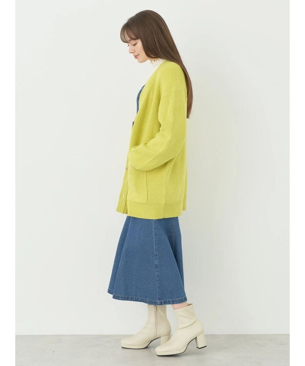 earth music&ecology アンチピリング畦Ｖネックカーディガン Lime Green