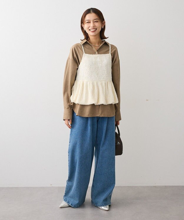 Green Parks シルキータッチストライプシャツ Brown