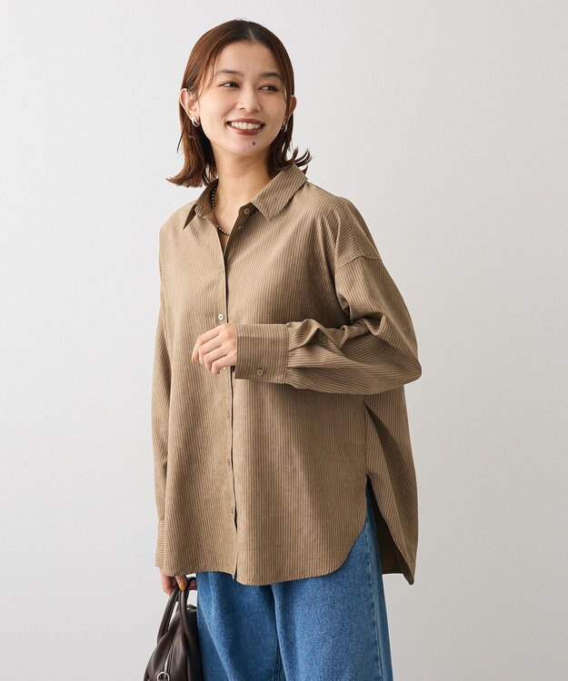 Green Parks シルキータッチストライプシャツ Brown