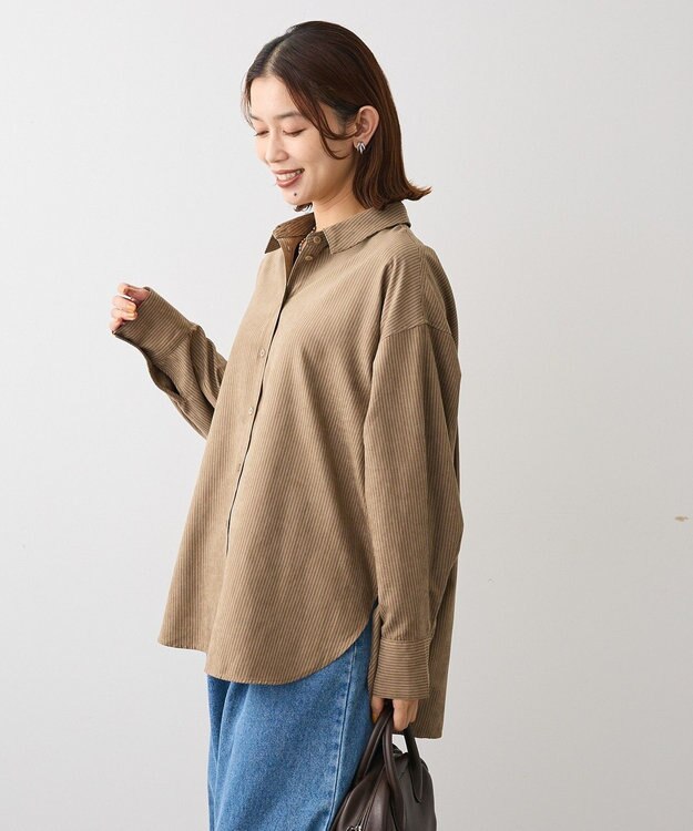 Green Parks シルキータッチストライプシャツ Brown