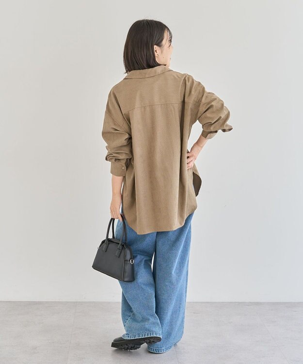 Green Parks シルキータッチストライプシャツ Brown