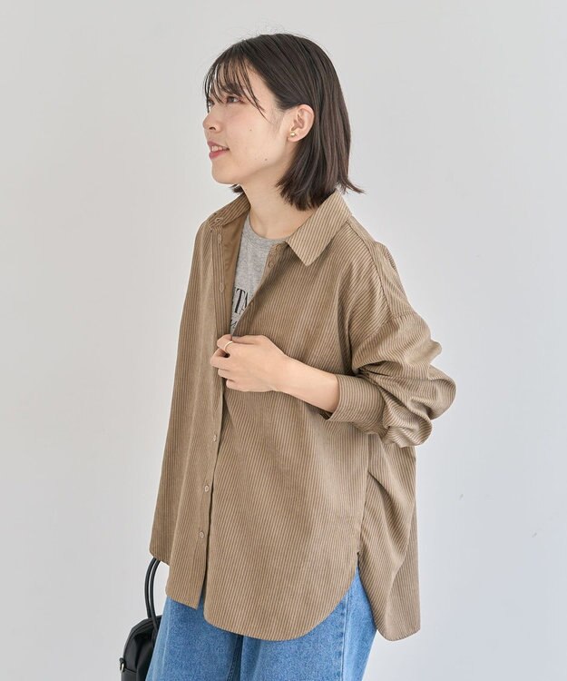 Green Parks シルキータッチストライプシャツ Brown