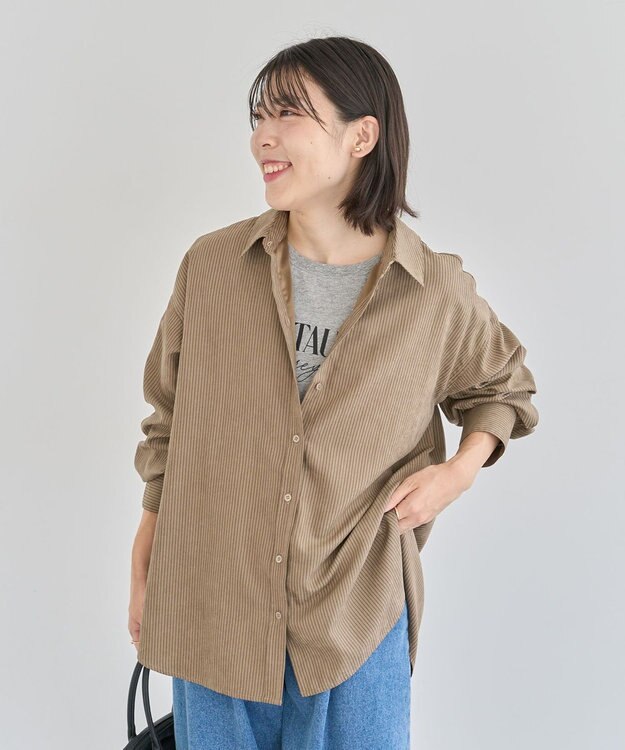 Green Parks シルキータッチストライプシャツ Brown