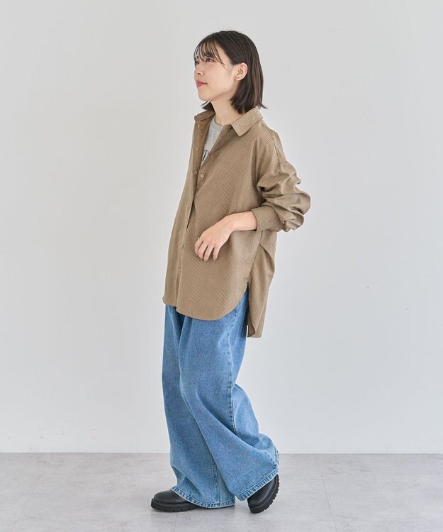 Green Parks シルキータッチストライプシャツ Brown