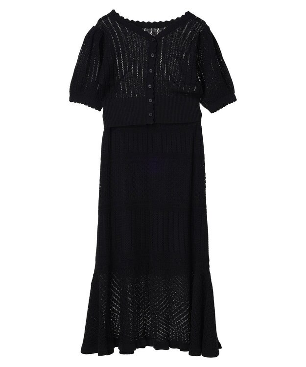 earth music&ecology ２点ＳＥＴ透かし編みカーディガン＋裾フレアスカート Dark Navy