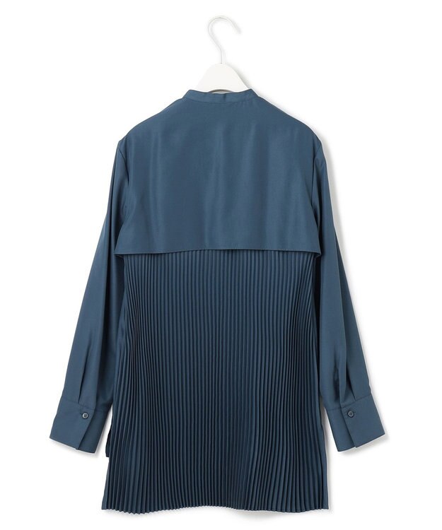 ICB 【洗える】 スパンローンプリーツ バンドカラーシャツ ダルブルー系