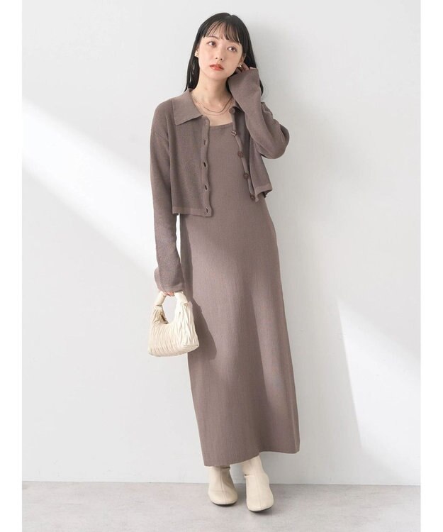 earth music&ecology ＳＥＴ２点襟付きカーディガン＋ニットワンピース Mocha