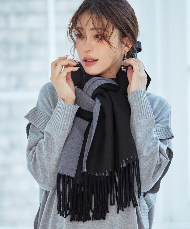 Tiaclasse 【洗える】リバーシブルデザイン大判マフラー ブラック