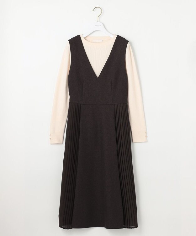 ANY SIS L 【2SET】プリーツコンビ ジャンパースカート セット ブラウン×アイボリー