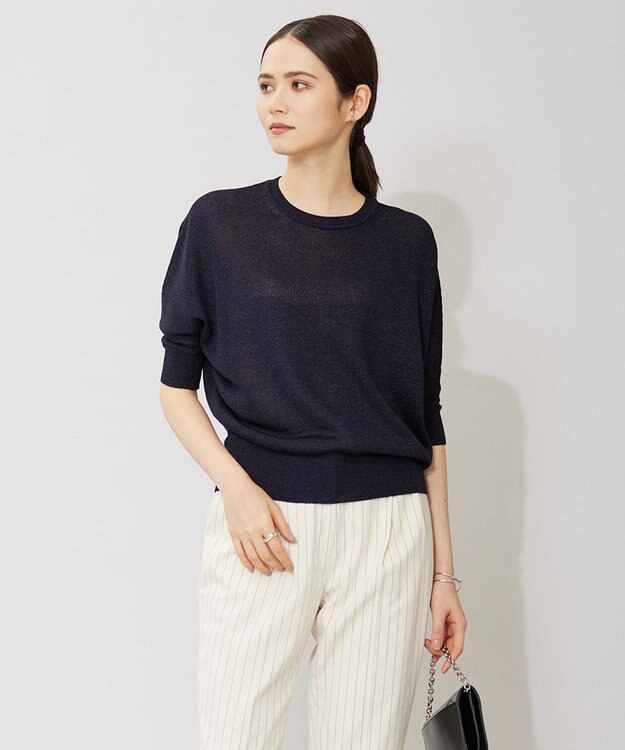 ICB L 【WEB限定カラーあり・洗える】ペーパーブレンドシャインニット 五分袖プルオーバー ネイビー系