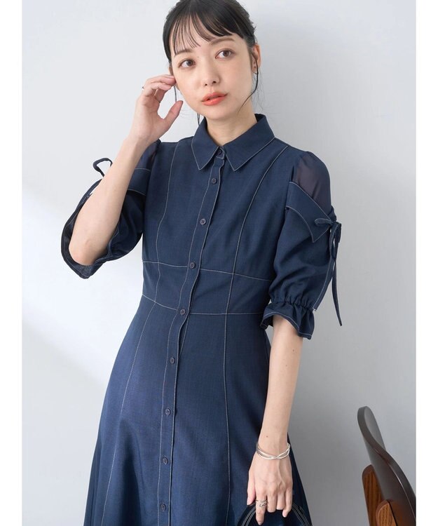 earth music&ecology レイヤードショルダー配色ステッチワンピース Deep Blue