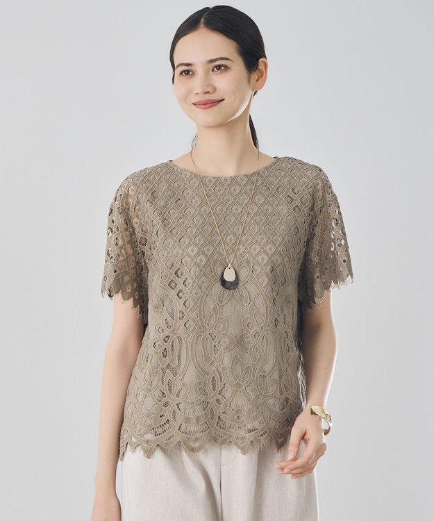 自由区 パネルレース ブラウス カーキ