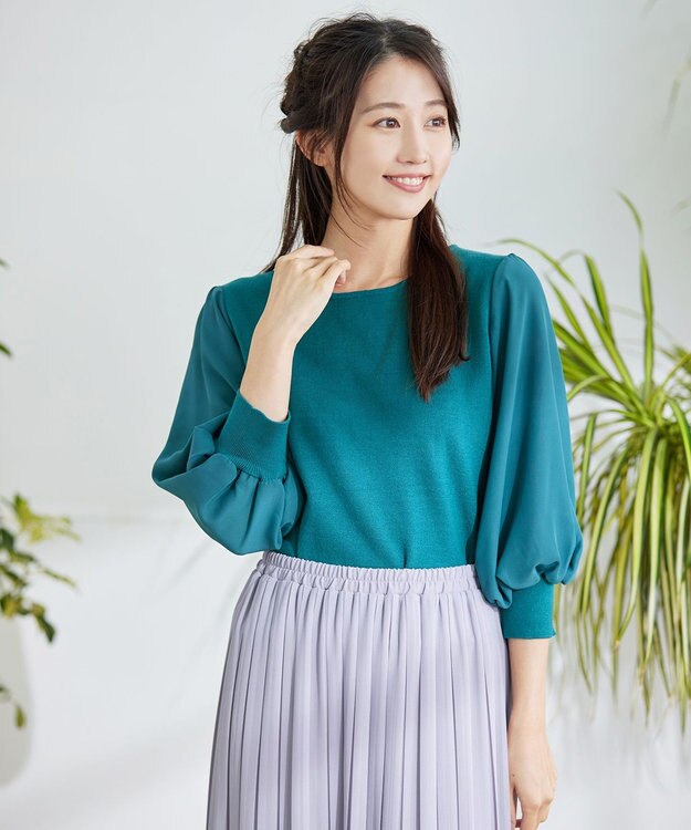 Tiaclasse 【新色追加・洗える】異素材パフ袖トップス ターコイズ