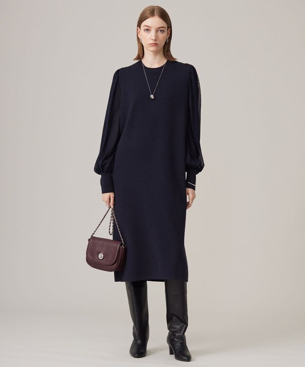 ICB L 【洗える】ウールブレンドスムース ニットワンピース ネイビー系