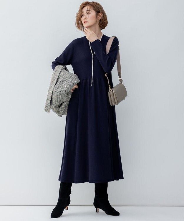 23区 L 【洗える】ヴィスコースストレッチ Aライン ニットワンピース ネイビー系
