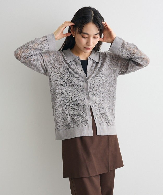 CRAFT STANDARD BOUTIQUE レース編みポロカーディガン Gray