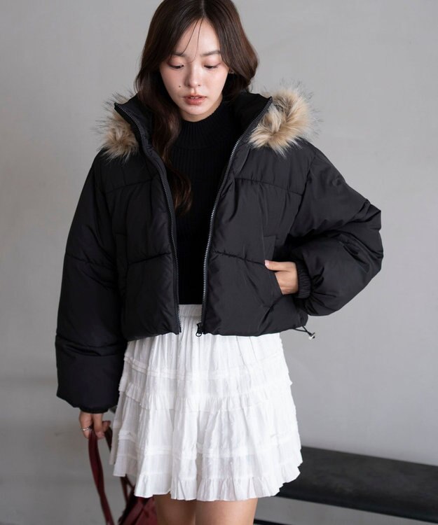 WEGO 【25年秋冬新作/SMサイズ展開】2WAYファーフードショートパファーブルゾン ブラック