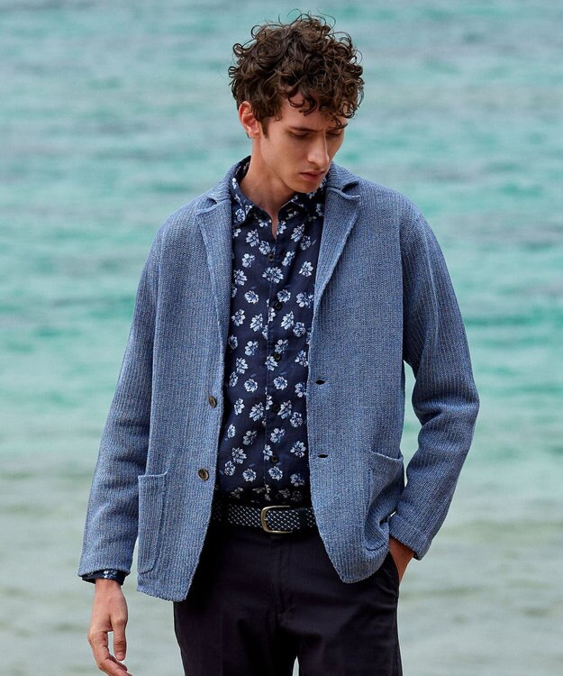 JOSEPH ABBOUD 【キングサイズ・洗える】ストローヤーン ニット ジャケット サックスブルー系