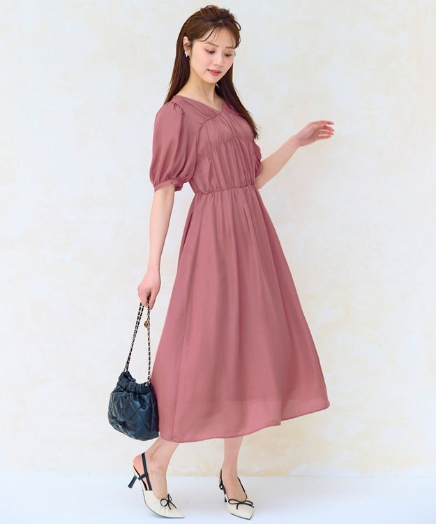 Feroux 【洗える】ギャザーデザインパフスリーブワンピース ピンク系