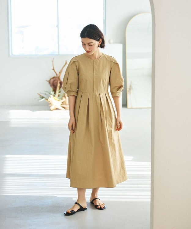 #Newans 【撥水加工/洗濯機可能】〈小柄さんにお勧め〉パフスリーブフレアワンピース ベージュ