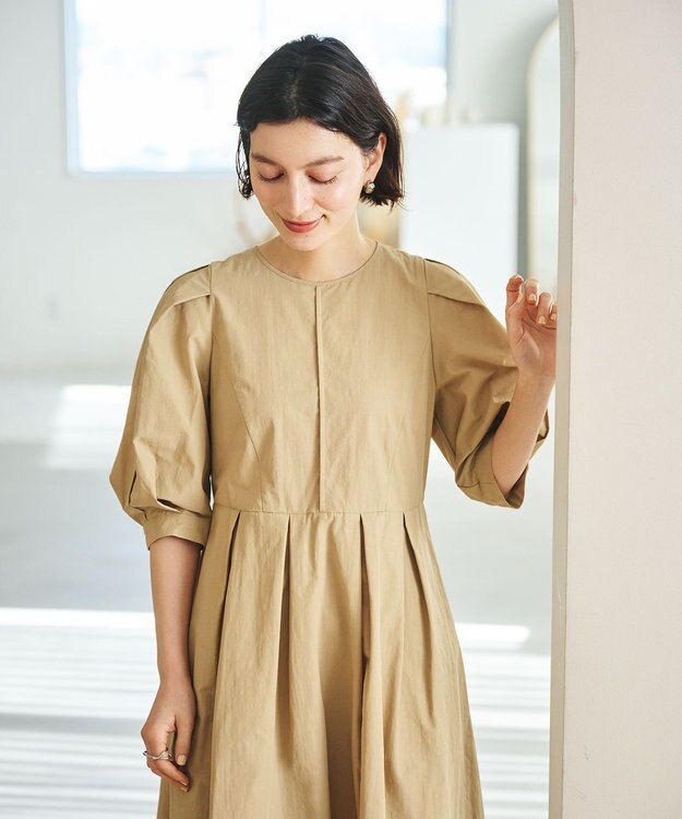 #Newans 【撥水加工/洗濯機可能】〈小柄さんにお勧め〉パフスリーブフレアワンピース ベージュ