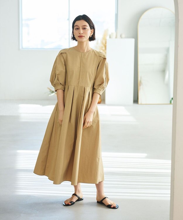 #Newans 【撥水加工/洗濯機可能】〈小柄さんにお勧め〉パフスリーブフレアワンピース ベージュ