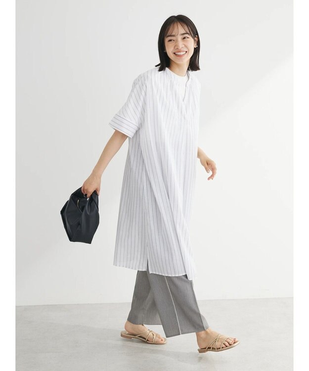 Green Parks 綿麻混スキッパーミニワンピース Stripe Ivory