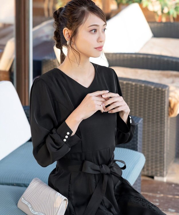 Tiaclasse 【洗える】レース切り替えフレアワンピース ブラック