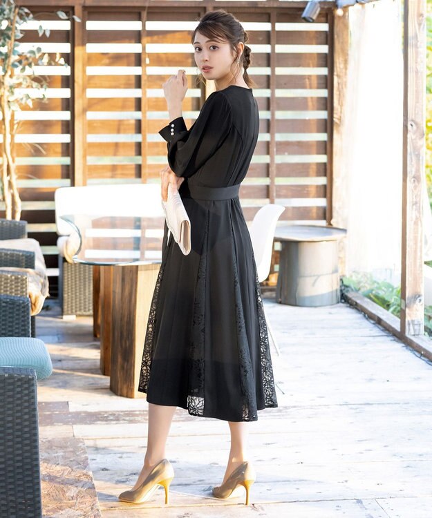 Tiaclasse 【洗える】レース切り替えフレアワンピース ブラック