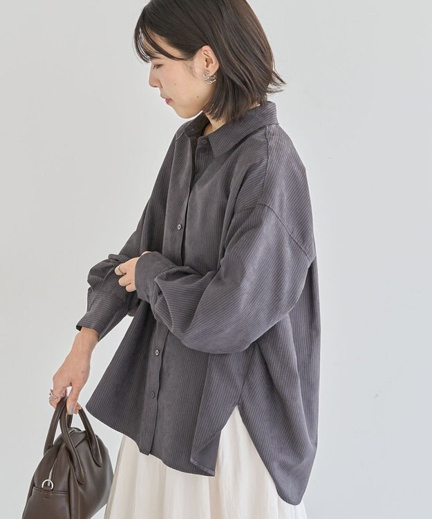 Green Parks シルキータッチストライプシャツ Charcoal Gray