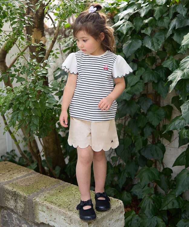 ANY KIDS 袖スカラップ ボーダーTシャツ ネイビー