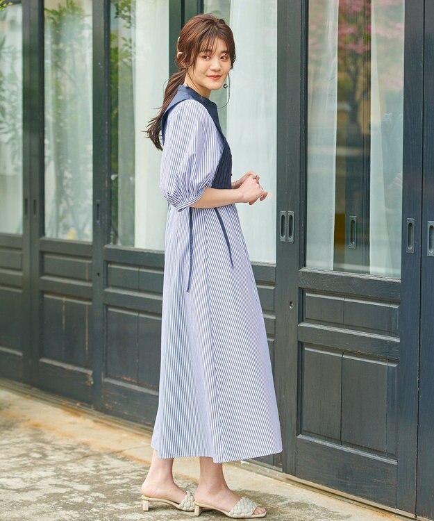 #Newans 【洗える】ピンタックベストコンビワンピース ネイビーストライプ系