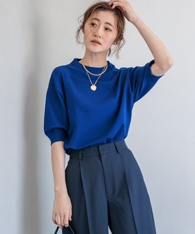 23区 S 【洗える】ヴィスコースストレッチ 半袖 ニット ブルー系