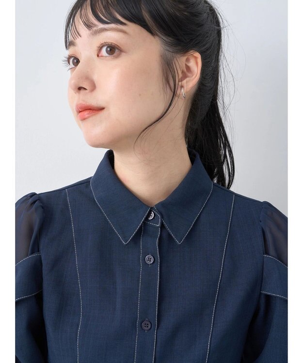 earth music&ecology レイヤードショルダー配色ステッチワンピース Deep Blue