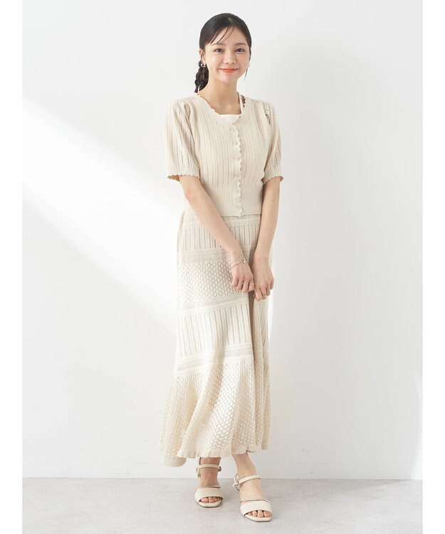 earth music&ecology ２点ＳＥＴ透かし編みカーディガン＋裾フレアスカート Ivory