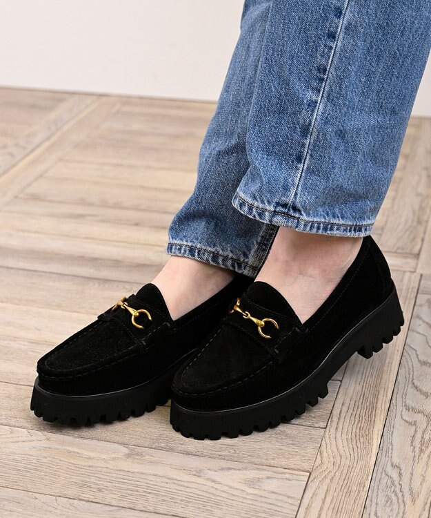 APOM 本革トラックソールホースビットローファー40 ブラックスエード