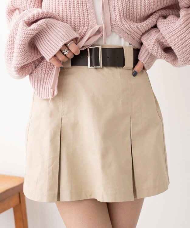 WEGO ベルト付チノプリーツスカパン ベージュ