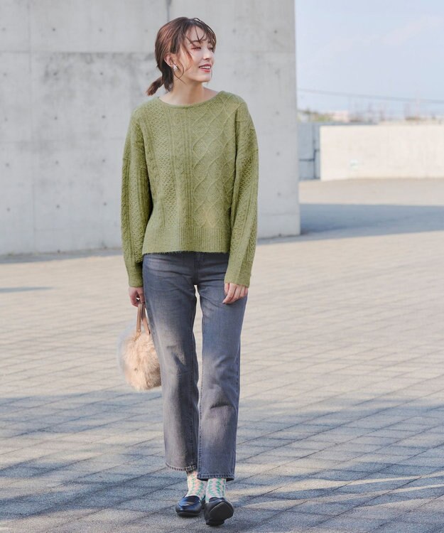 Tiaclasse 【洗える】ケーブル柄編みニットプルオーバー グリーン