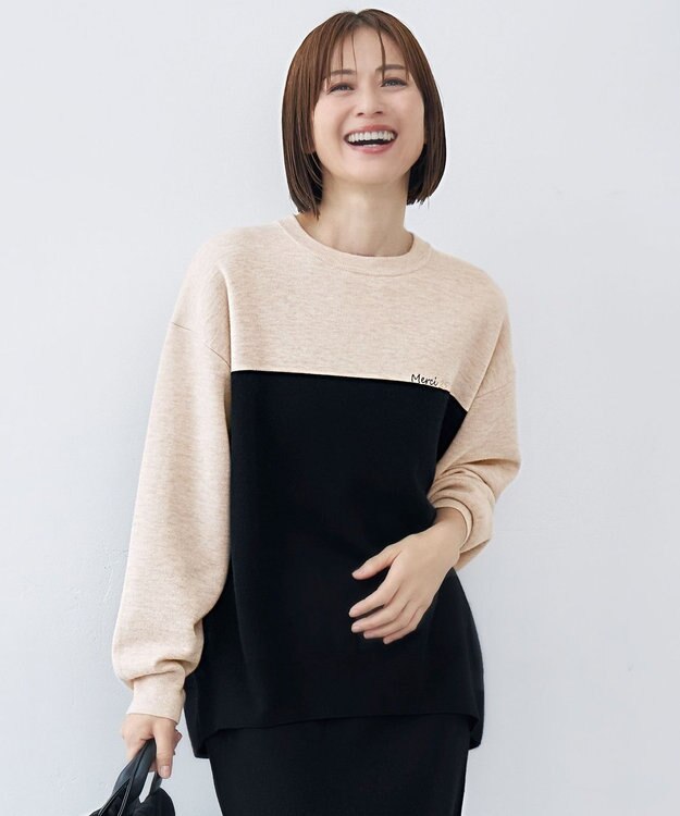 自由区 【カタログ掲載・セットアップ対応・洗える】スムージーブロッキング ニット ベージュ×ブラック