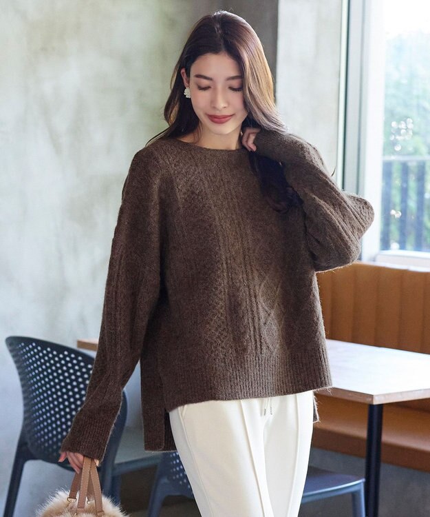 Tiaclasse 【洗える】ケーブル柄編みニットプルオーバー ブラウン