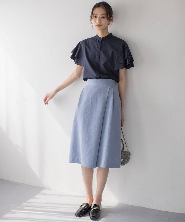 組曲 コットンレーヨンシャーティング ブラウス ネイビー系