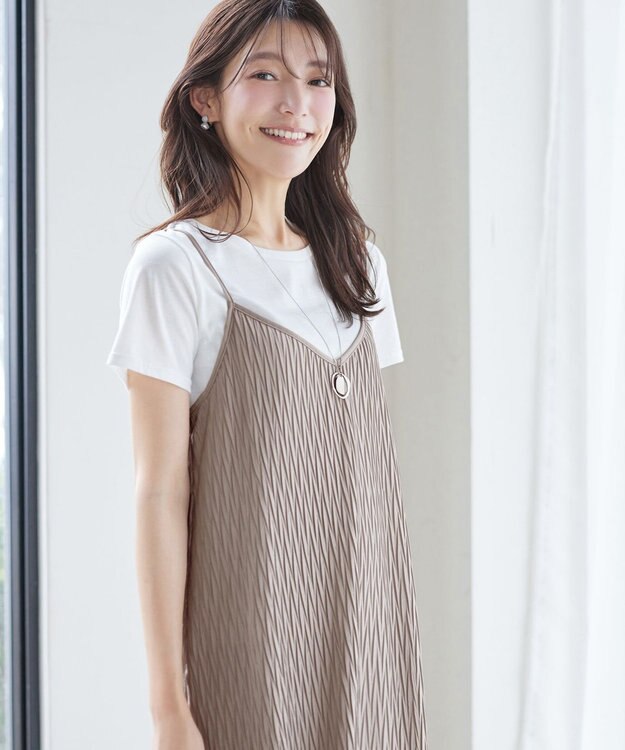 Tiaclasse 【2点セット】変形プリーツキャミワンピース＆Tシャツ モカ