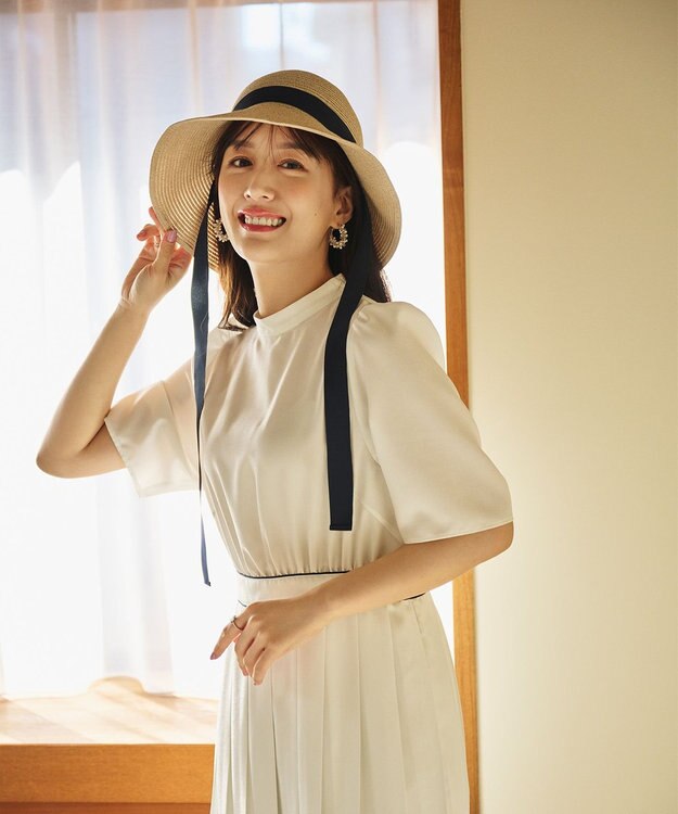 #Newans 【UVカット/洗える】〈花乃まりあさんコラボ〉リボン2本つきサマーハット ベージュ